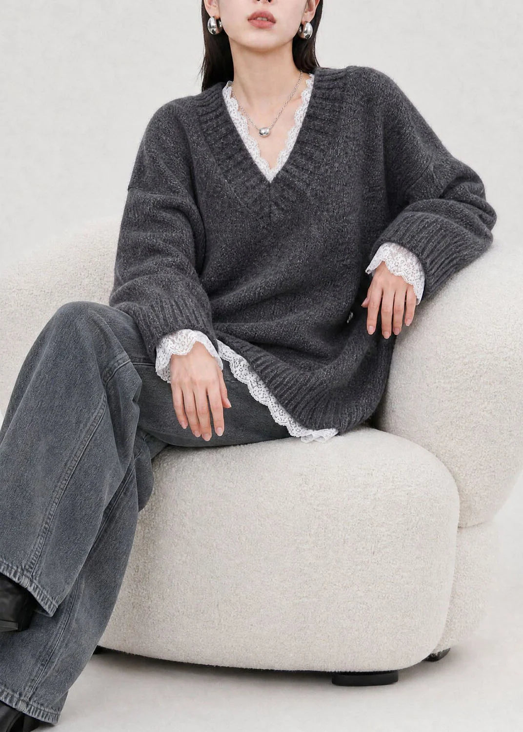 Pull Femme Col V avec Empiècements en Dentelle Automnal 4