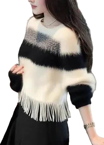 Pull Femme Décontracté à Rayures avec Pompons Doux 0