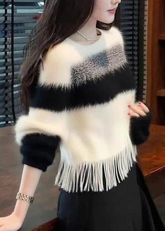Pull Femme Décontracté à Rayures avec Pompons Doux 3