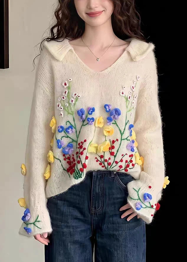 Pull Femme Maille Brodé Motifs Floraux Automne 2