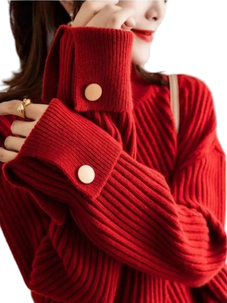 Pull Femme Oversize Col Haut Côtelé 0