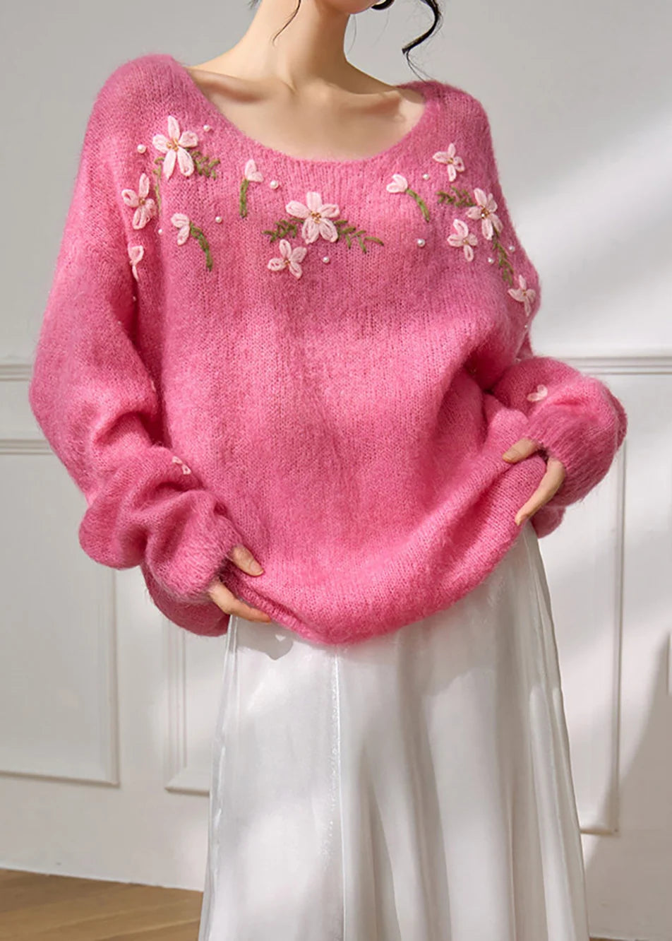 Pull Femme Oversize Col Rond Imprimé Floral Automnal 1