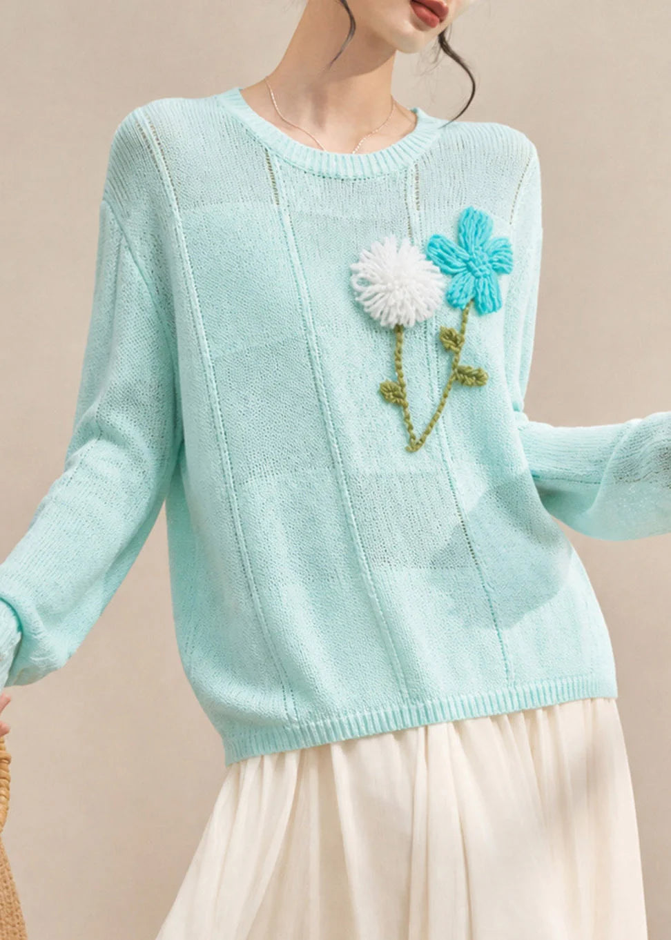 Pull Femme à Manches Longues Brodé de Fleurs 1