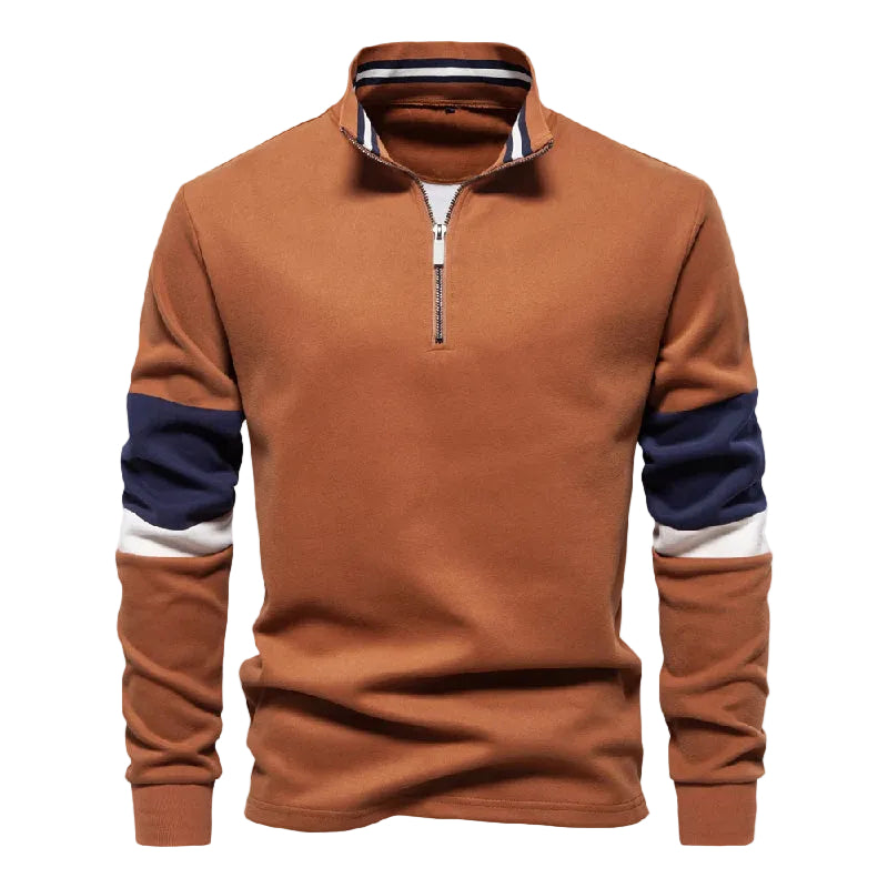 Pull Homme Décontracté à Rayures avec Col Montant et Quart de Zip 0