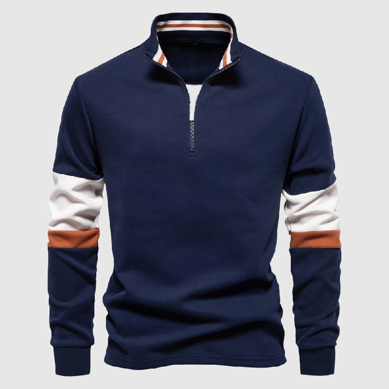 Pull Homme Décontracté à Rayures avec Col Montant et Quart de Zip 1