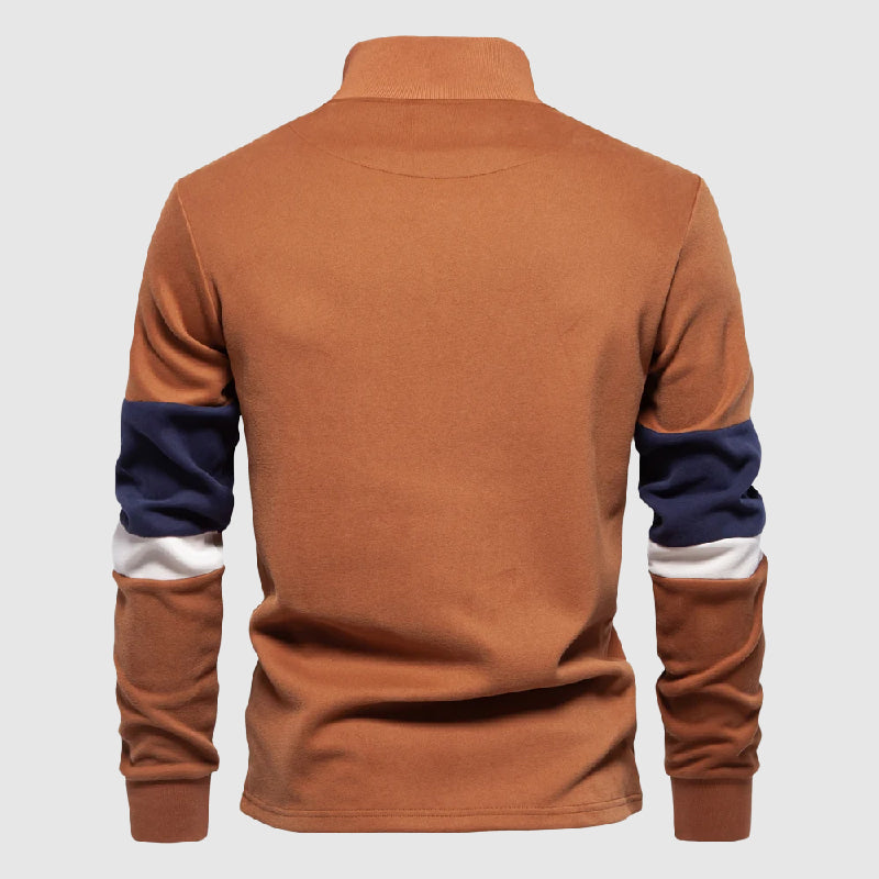 Pull Homme Décontracté à Rayures avec Col Montant et Quart de Zip 4