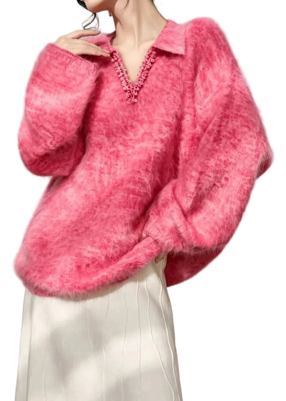 Pull Polo Femme Col V avec Bordure en Dentelle Style Automnal 0