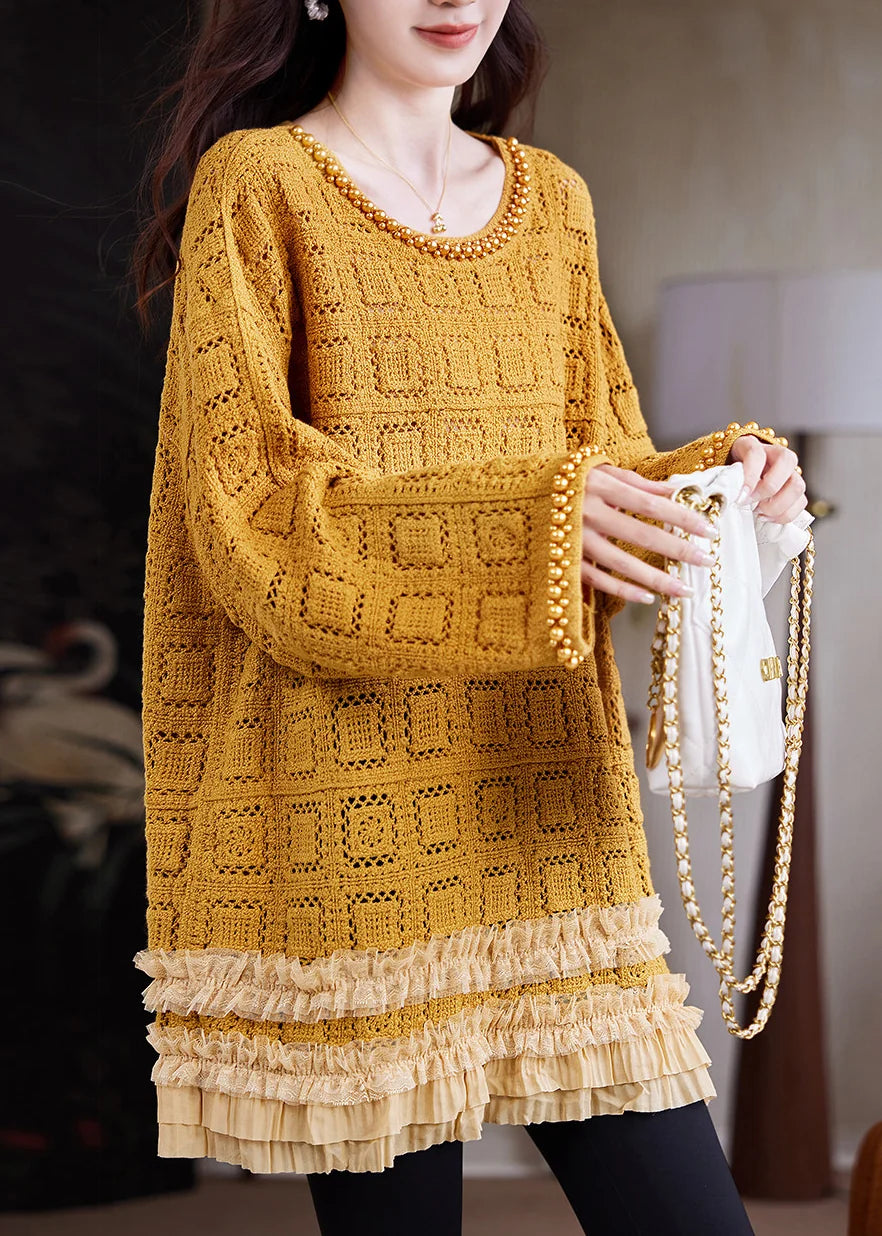 Pull long femme ajouré à volants et perles 0