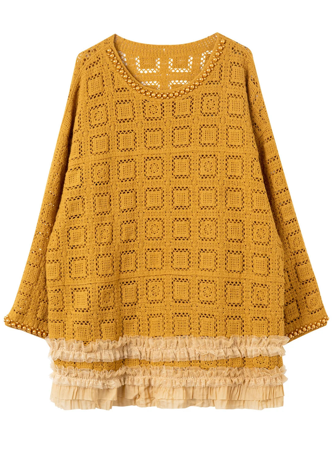 Pull long femme ajouré à volants et perles 4