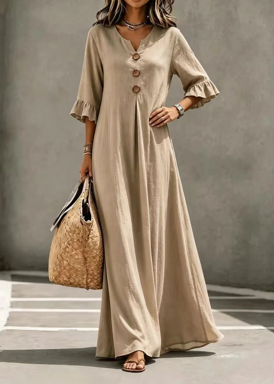 Robe Femme Automne Ample Col V Boutonnée Ourlet Large 1
