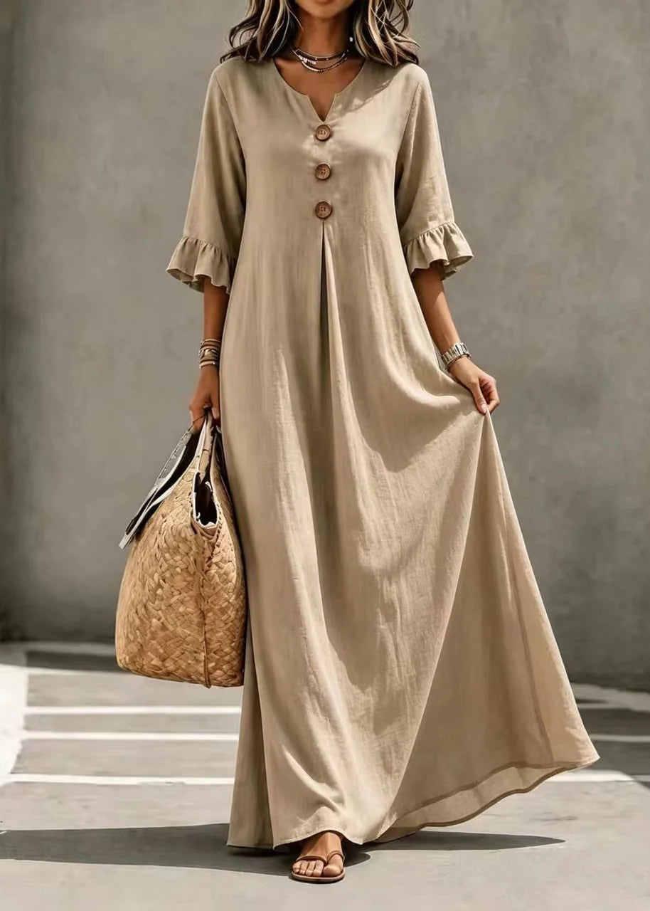 Robe Femme Automne Ample Col V Boutonnée Ourlet Large 2