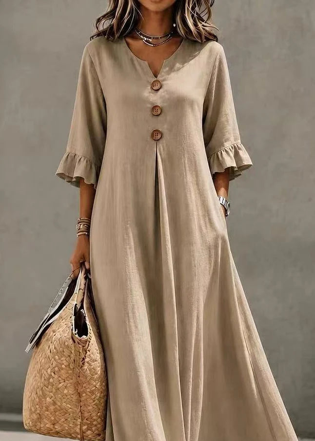 Robe Femme Automne Ample Col V Boutonnée Ourlet Large 3