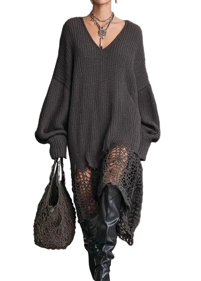 Robe Femme Automne Col V Asymétrique Ourlet Ajouré 0