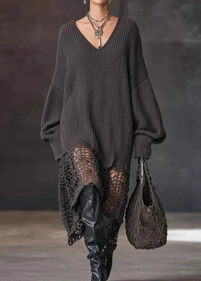 Robe Femme Automne Col V Asymétrique Ourlet Ajouré 1