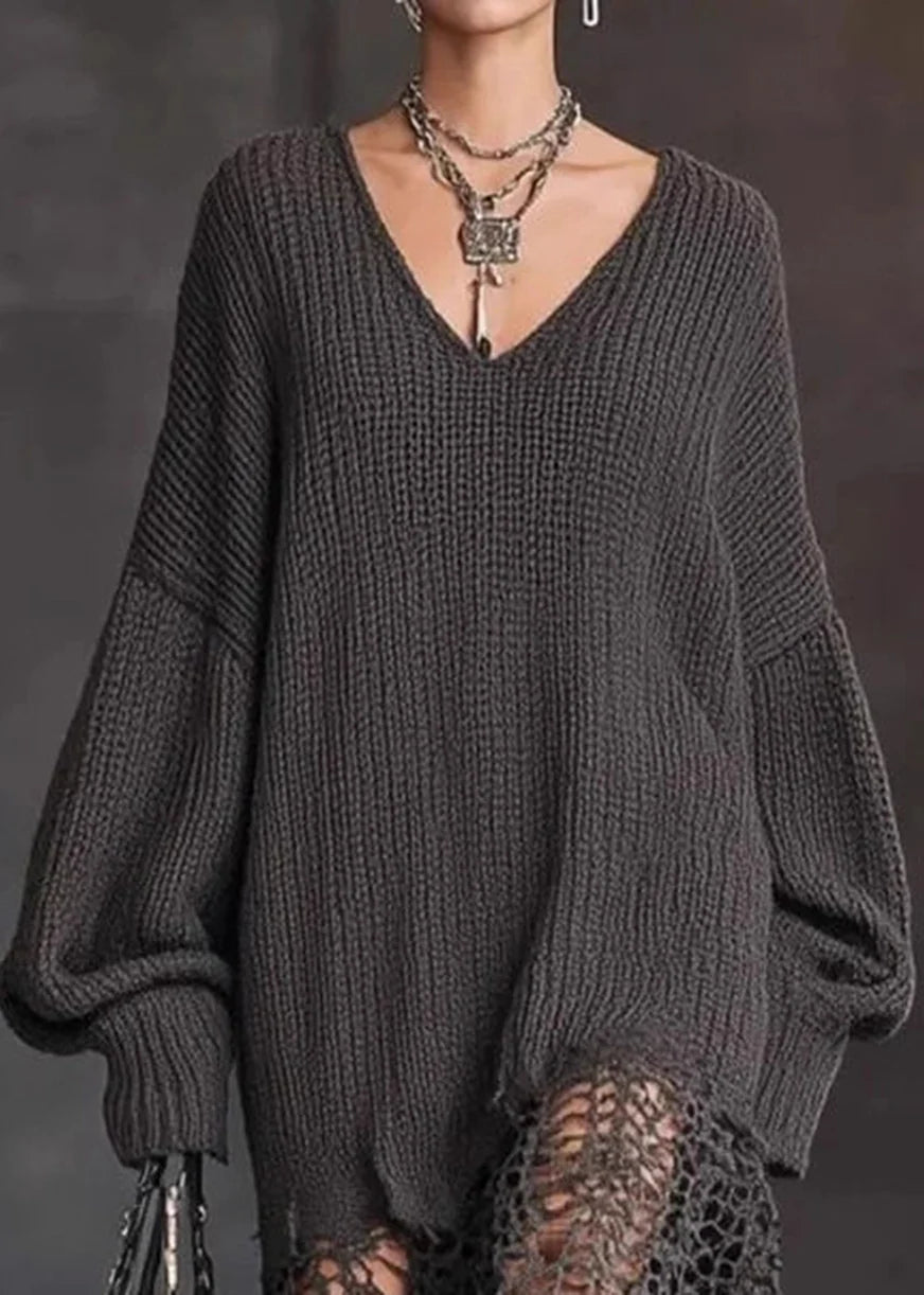 Robe Femme Automne Col V Asymétrique Ourlet Ajouré 2