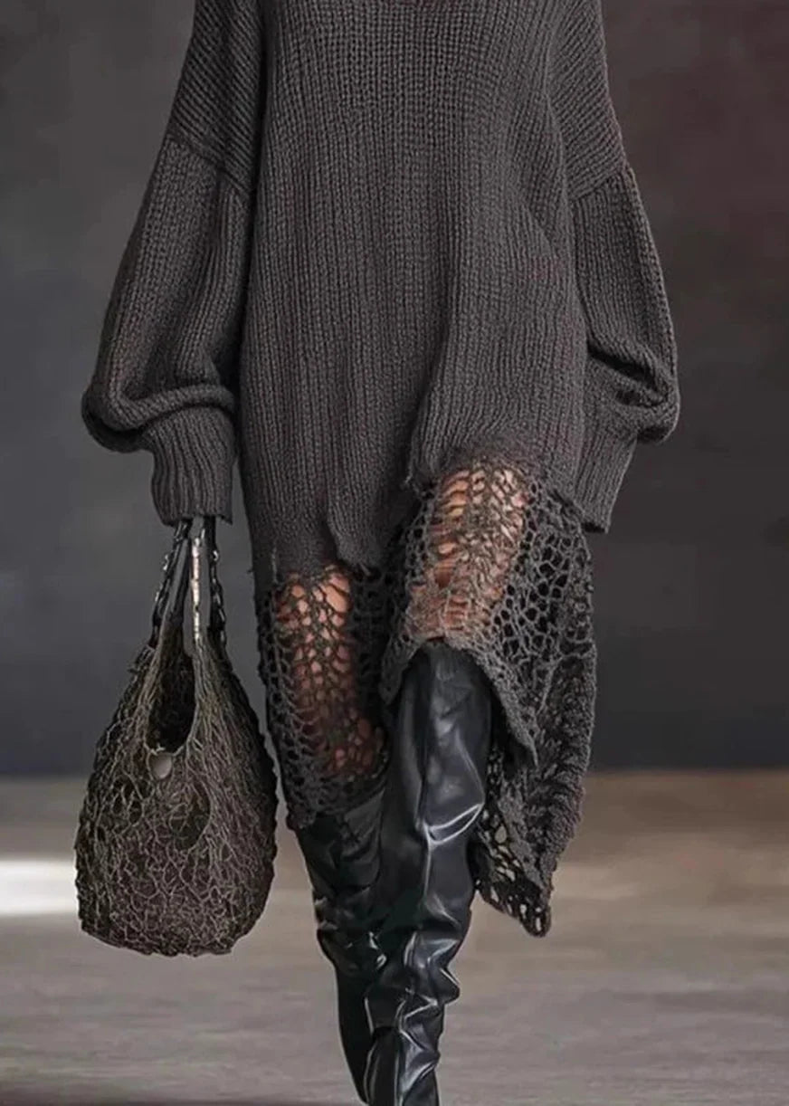 Robe Femme Automne Col V Asymétrique Ourlet Ajouré 3
