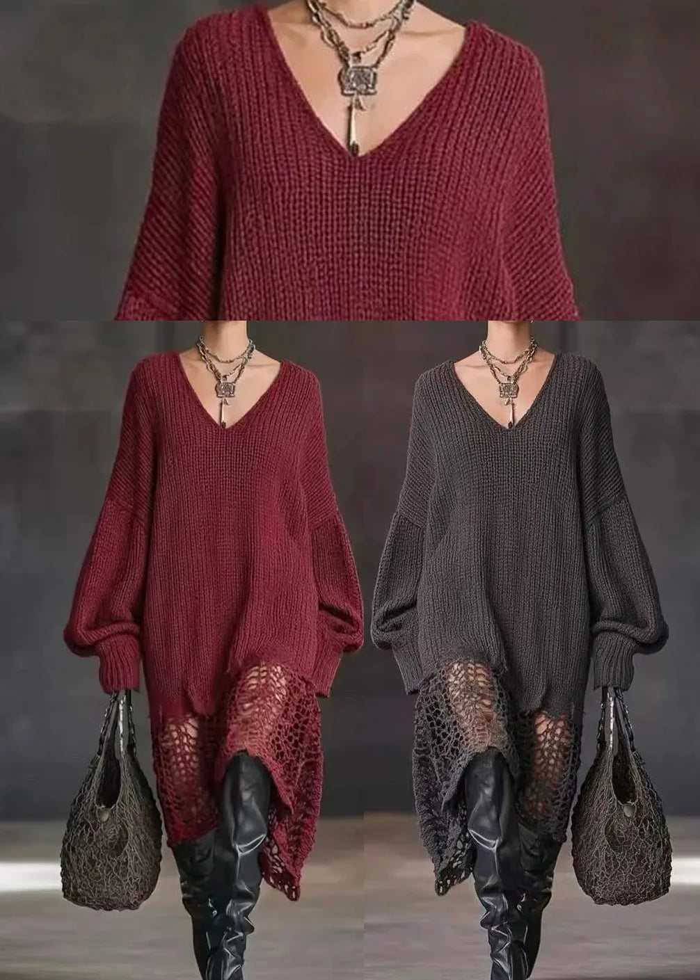 Robe Femme Automne Col V Asymétrique Ourlet Ajouré 4