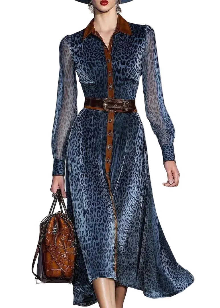 Robe Femme Automne Imprimé Léopard Bleu Col Rabattu Ceinturée 0