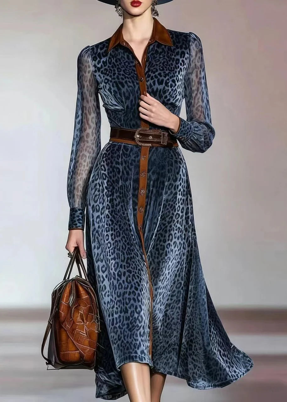 Robe Femme Automne Imprimé Léopard Bleu Col Rabattu Ceinturée 1