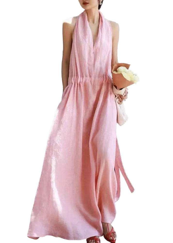 Robe Femme Bohème Col en V à Cordon de Serrage Sans Manches 0