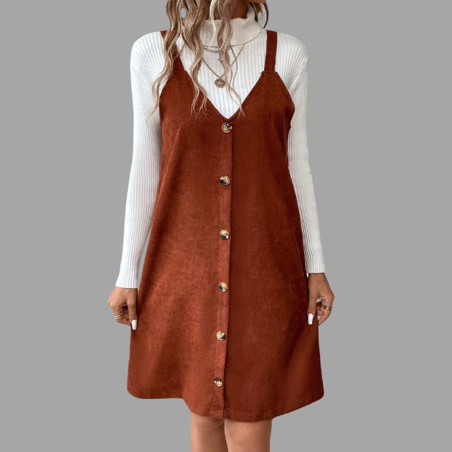 Robe Femme Col V à Bretelles avec Détails Boutons 0