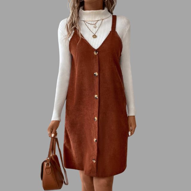 Robe Femme Col V à Bretelles avec Détails Boutons 1