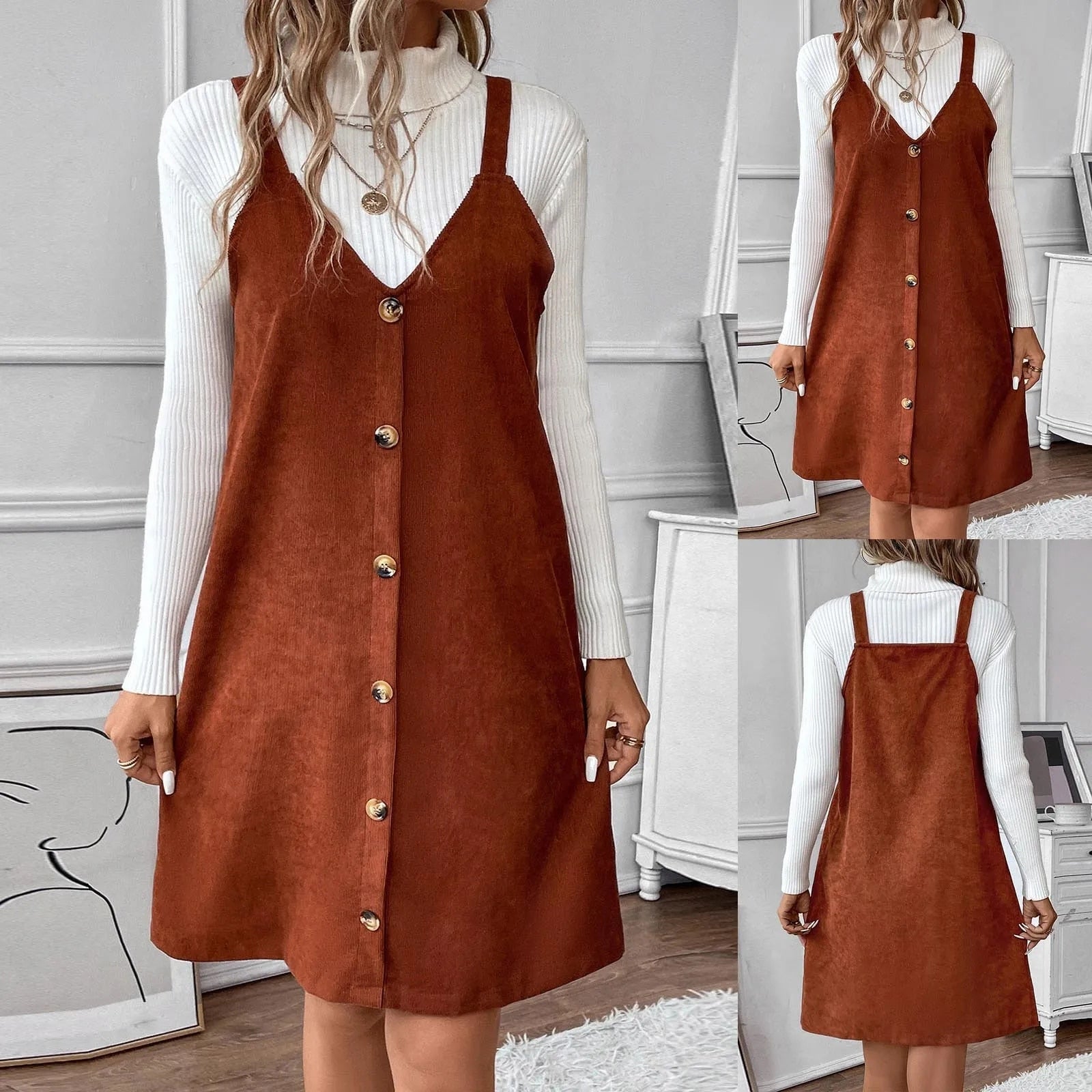 Robe Femme Col V à Bretelles avec Détails Boutons 6