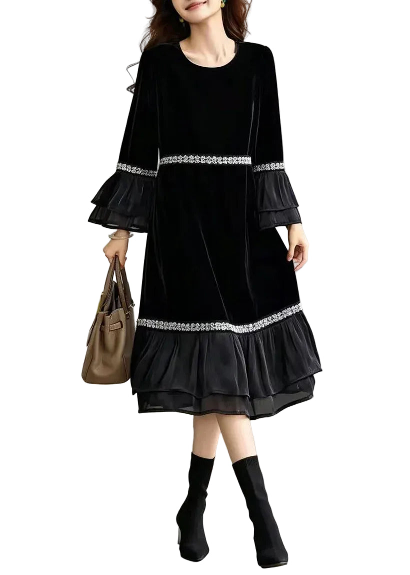 Robe Femme Décontractée à Col Rond avec Sequins et Volants Style Automne 0
