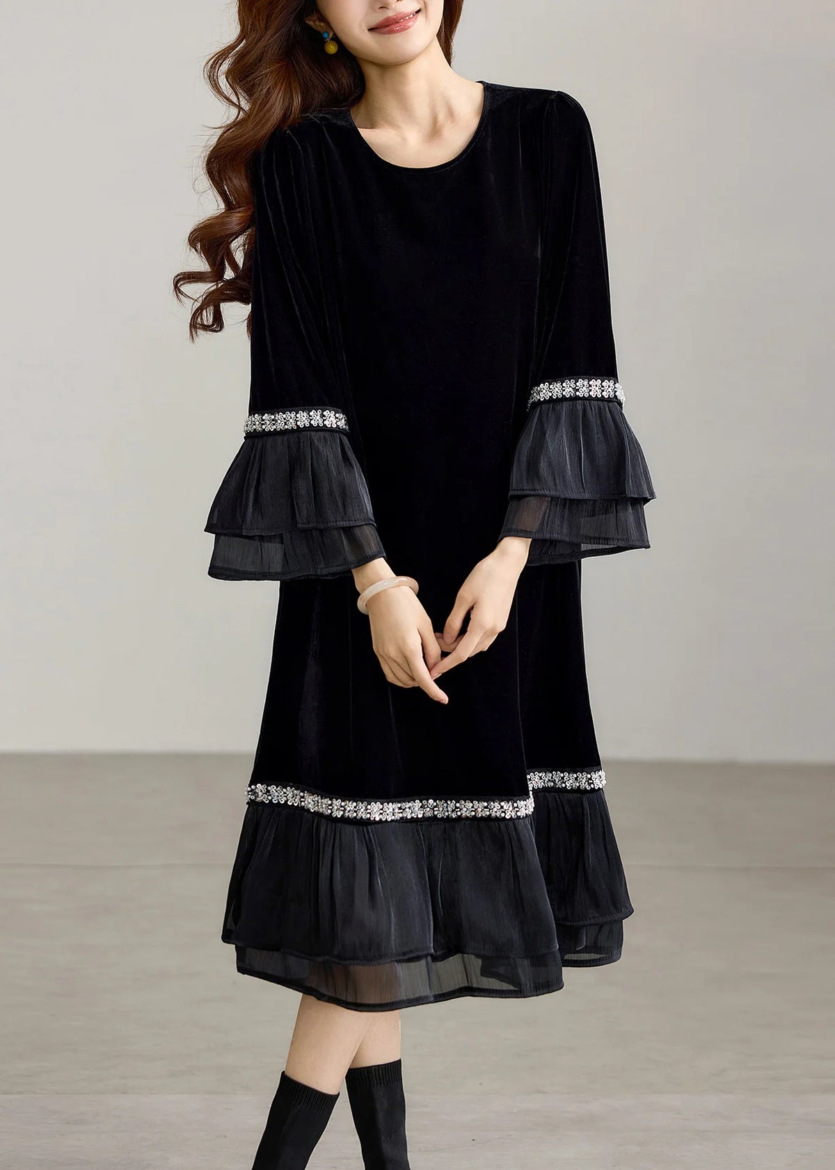 Robe Femme Décontractée à Col Rond avec Sequins et Volants Style Automne 2