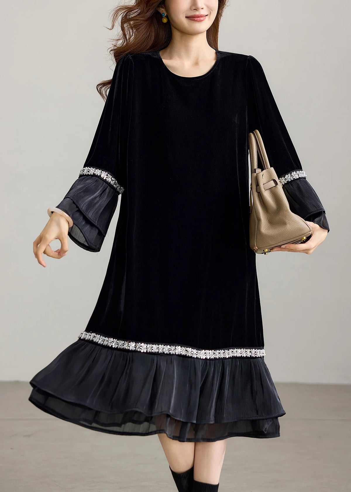 Robe Femme Décontractée à Col Rond avec Sequins et Volants Style Automne 3