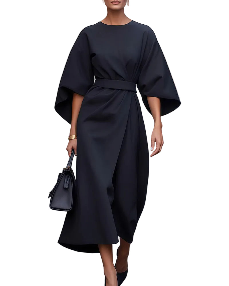 Robe Femme Longue avec Manches Lanternes et Ceinture Chic 0