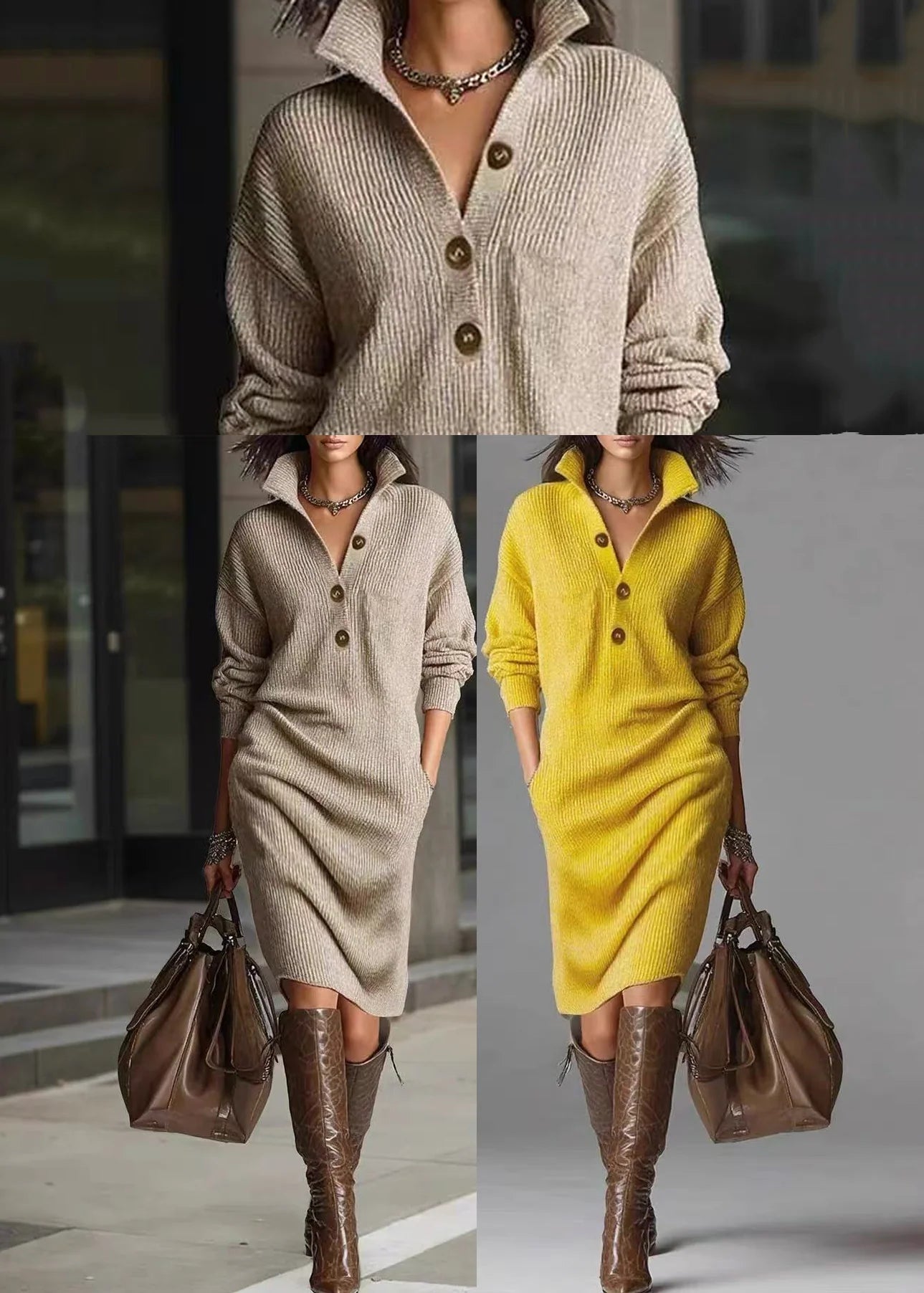 Robe Femme Maille Col Boutonné Manches Longues 4