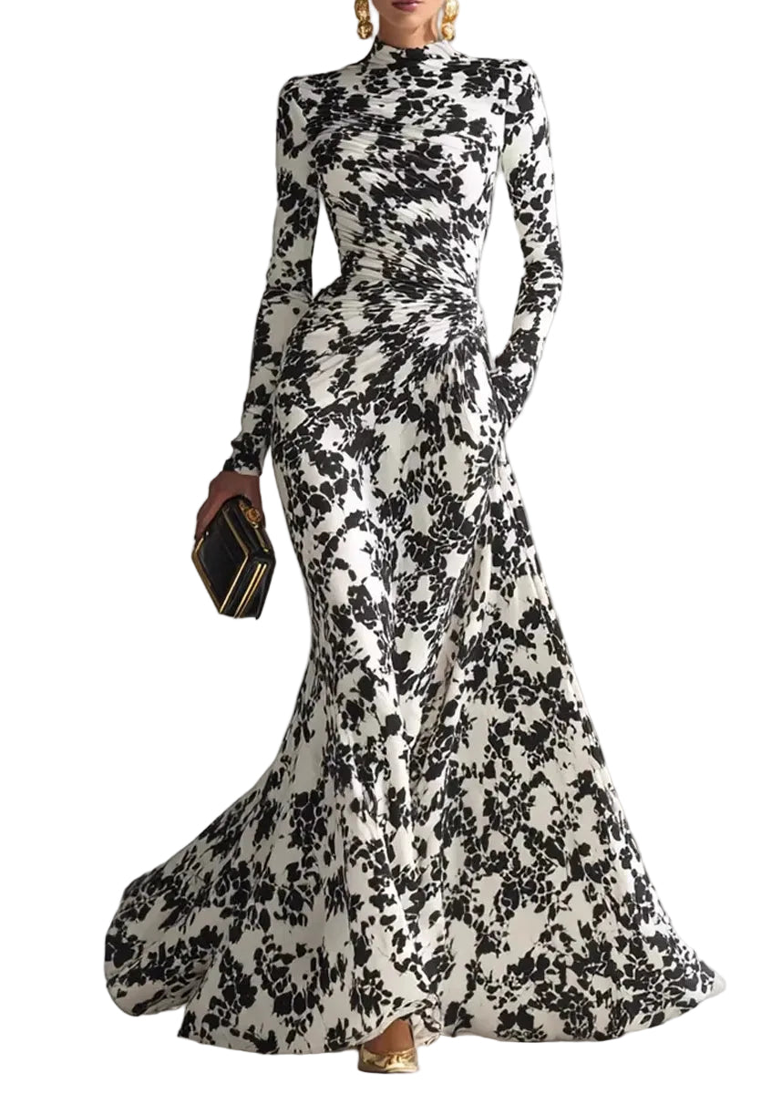Robe Femme Style Froissé Imprimé Noir et Blanc Automne 0