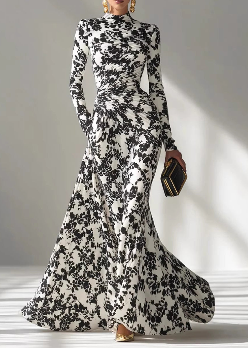 Robe Femme Style Froissé Imprimé Noir et Blanc Automne 2