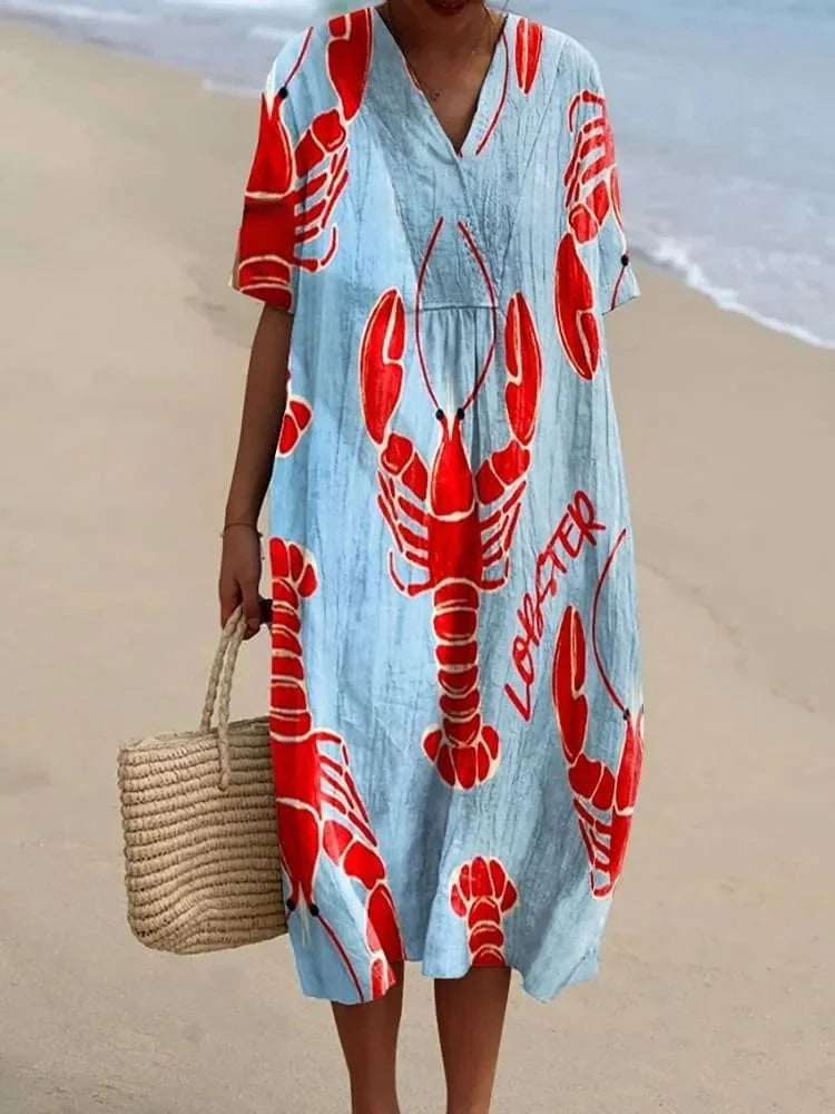 Robe Femme T-shirt Grande Taille à Manches Courtes Motif Océan Coton 19