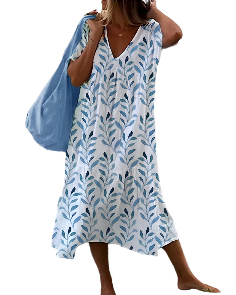 Robe Femme à V-Ausschnitt Imprimé Feuilles 0