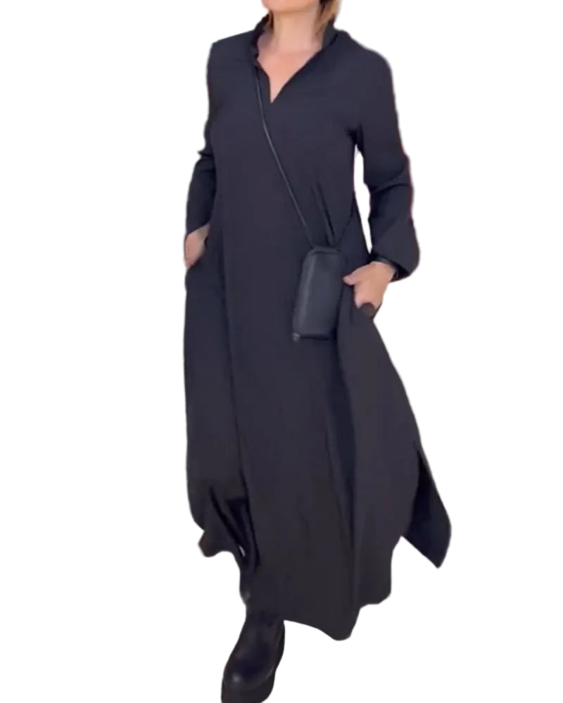 Robe Longue Ample avec Revers et Fente Latérale 0