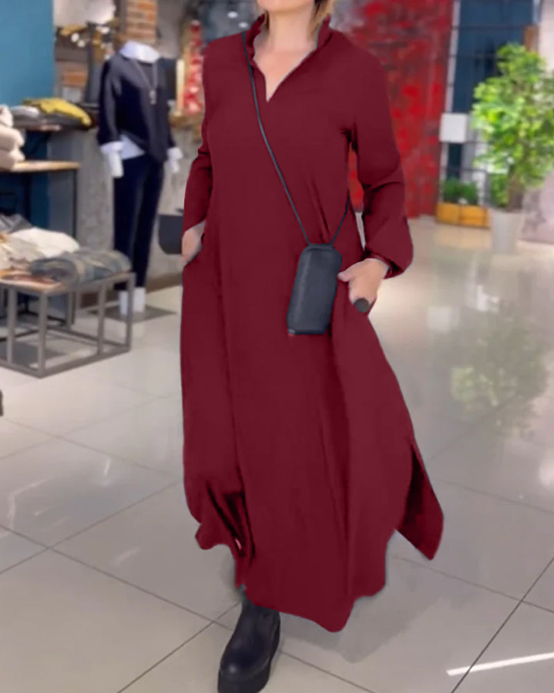 Robe Longue Ample avec Revers et Fente Latérale 3