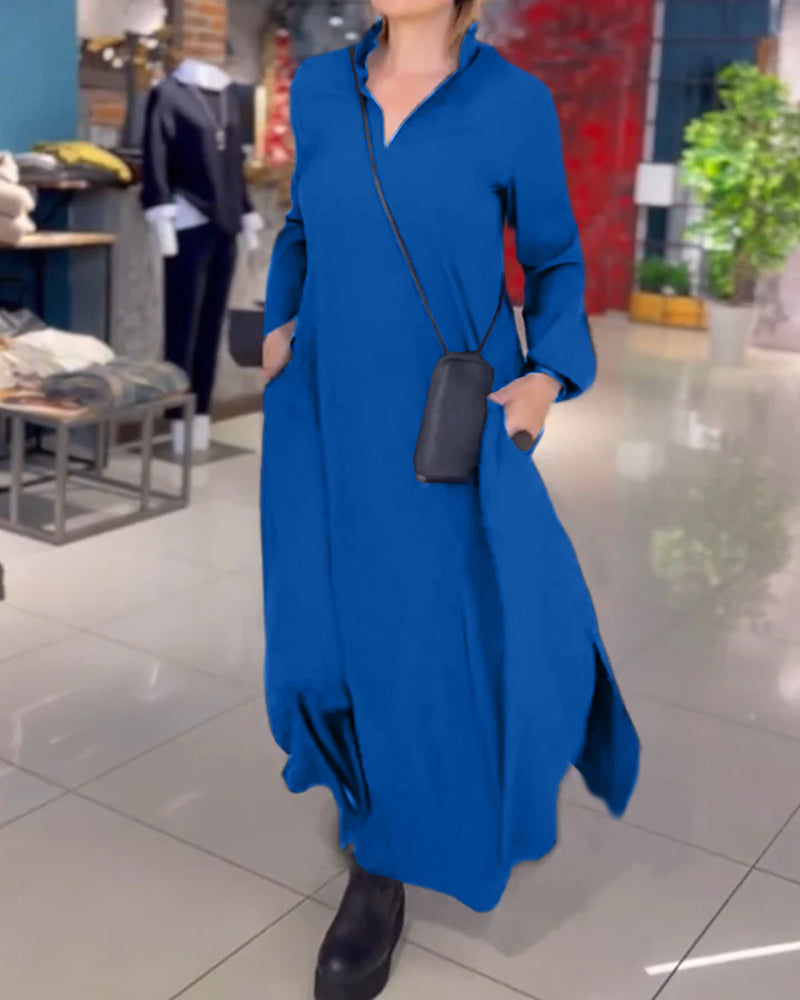 Robe Longue Ample avec Revers et Fente Latérale 4