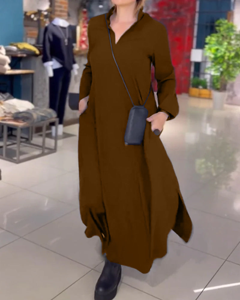 Robe Longue Ample avec Revers et Fente Latérale 5