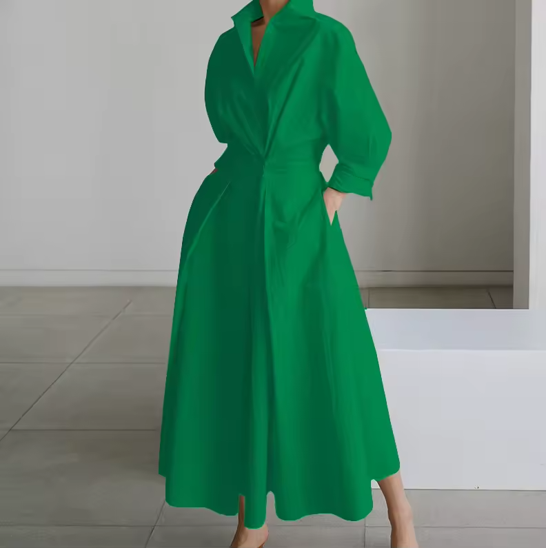 Robe Longue Femme Chemise Col Classique Taille Cintrée Tissu Doux 10