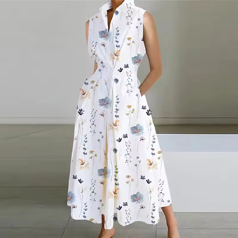 Robe Longue Femme Chemise Col Classique Taille Cintrée Tissu Doux 1