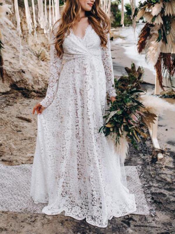 Robe Longue Femme Dentelle Col en V Manches Longues pour Soirée Été 0