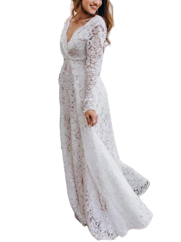 Robe Longue Femme Dentelle Col en V Manches Longues pour Soirée Été 2