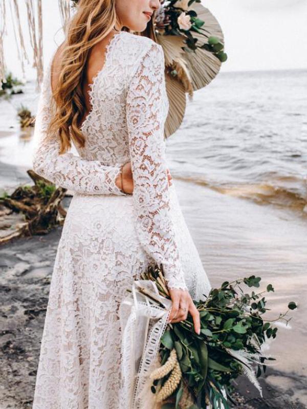 Robe Longue Femme Dentelle Col en V Manches Longues pour Soirée Été 3