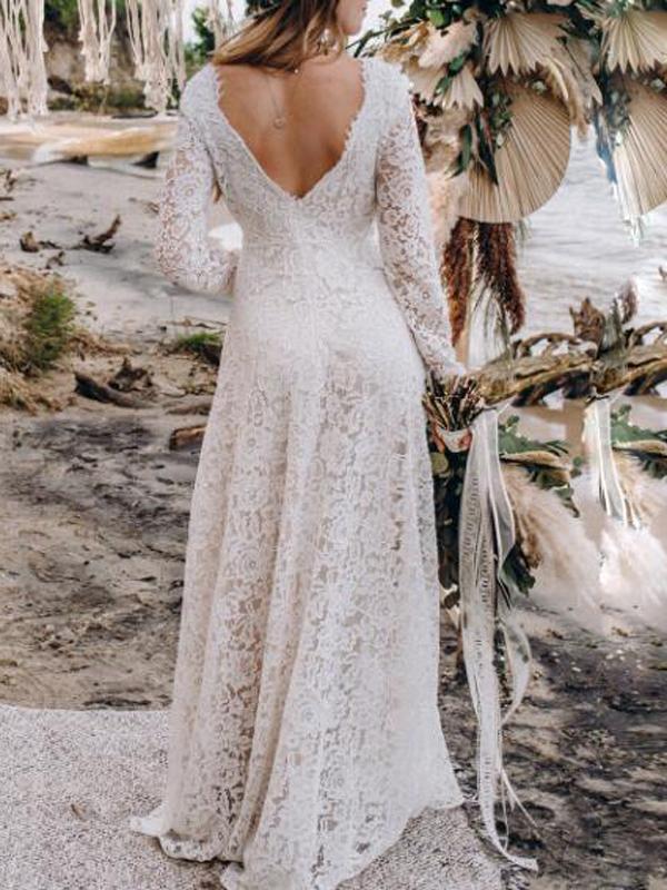 Robe Longue Femme Dentelle Col en V Manches Longues pour Soirée Été 4