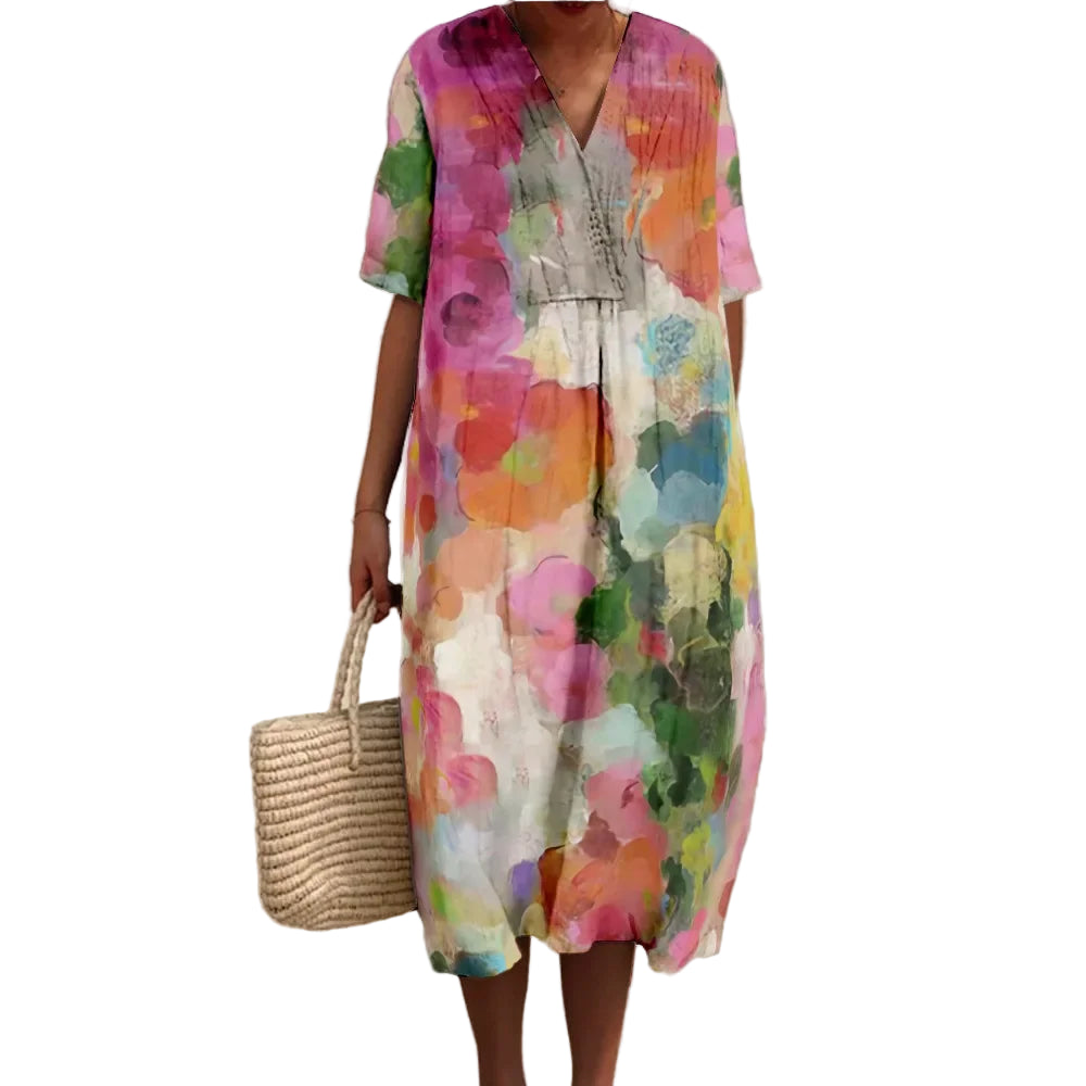 Robe Longue Femme Imprimé Numérique Col V Manches Courtes Tissu Aéré 0