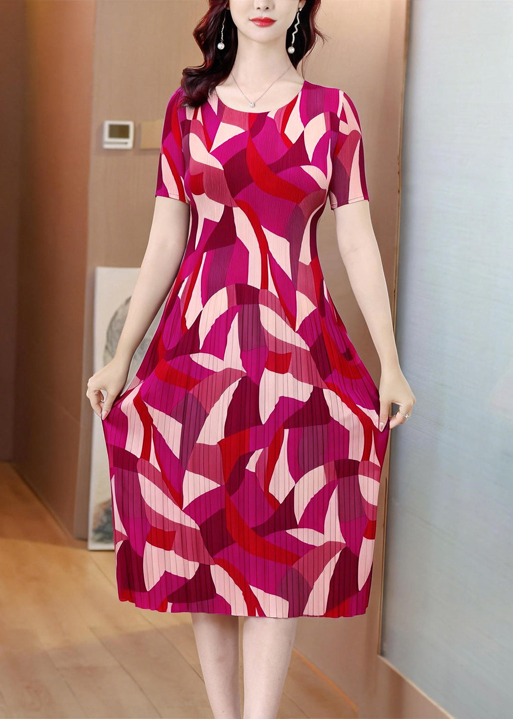 Robe Longue Femme Imprimée Col Rond Manches Courtes Été 2