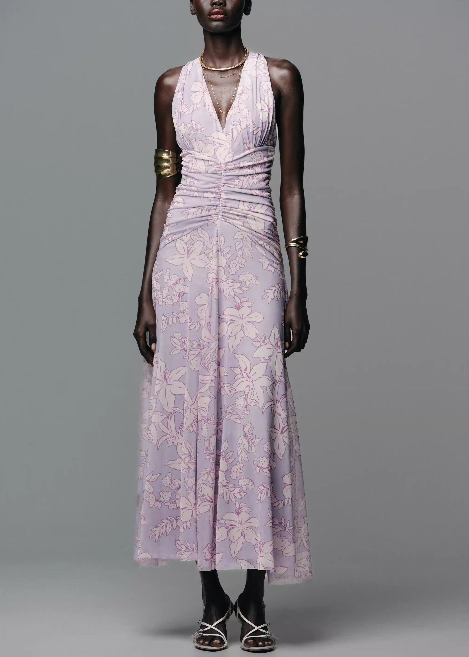 Robe Longue Femme Imprimée Col en V Sans Manches 1