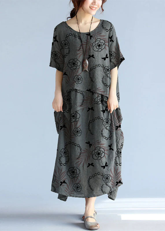 Robe Longue Femme Maxi en Lin à Manches Courtes pour l'Été 11
